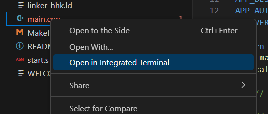 Right click on the "main.cpp" and open in terminal